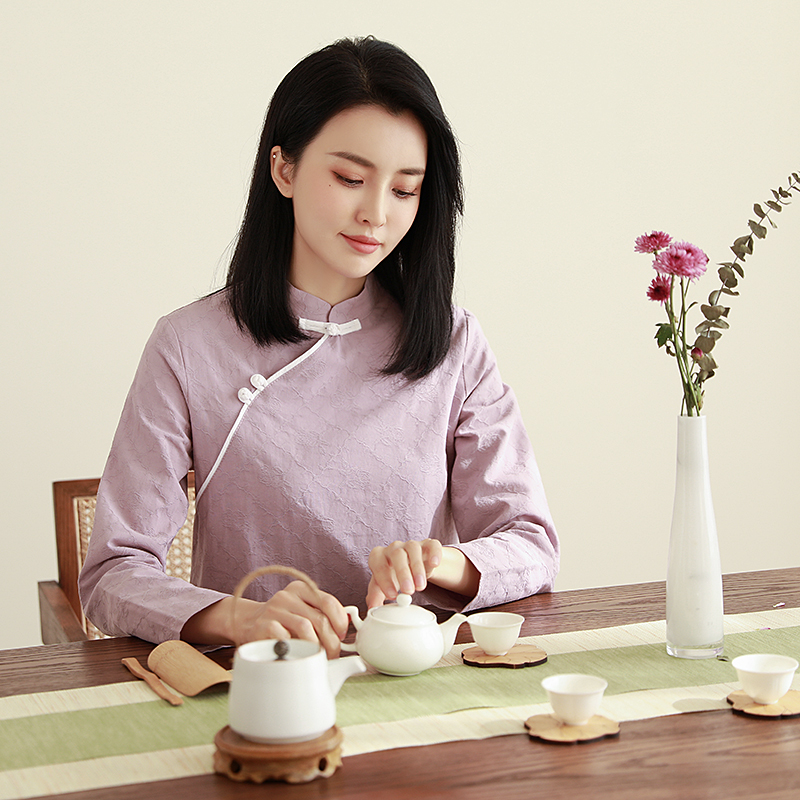 棉麻衬衫女士茶服春季新款女中式唐装打底衫禅衣盘扣复古上衣T恤