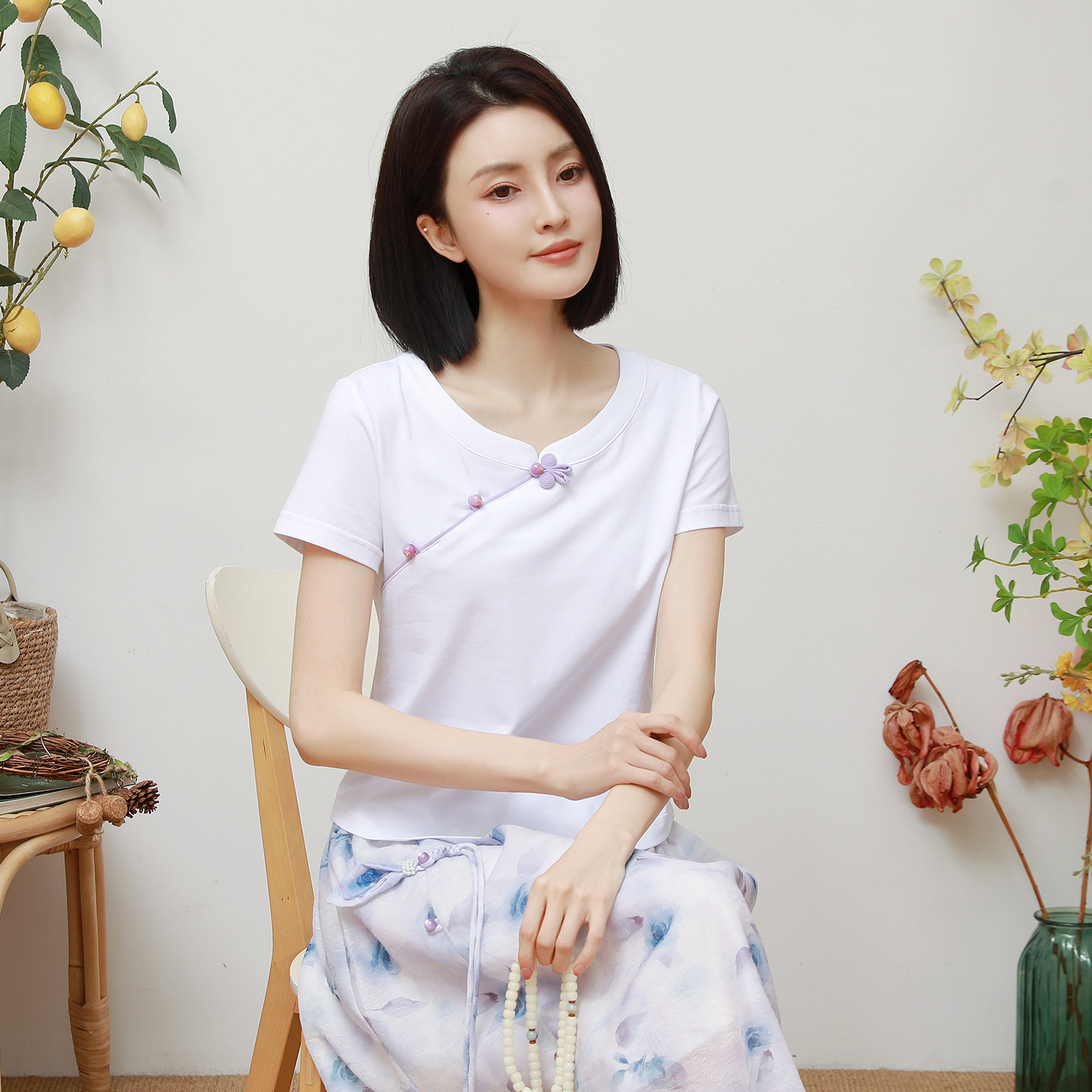 纯棉T恤女装夏季圆领盘扣短袖打底衫新中式女茶服冰瓷棉短款上衣