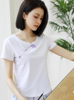 冰瓷棉T恤女装夏季圆领盘扣短袖打底衫新中式女茶服纯棉短款上衣