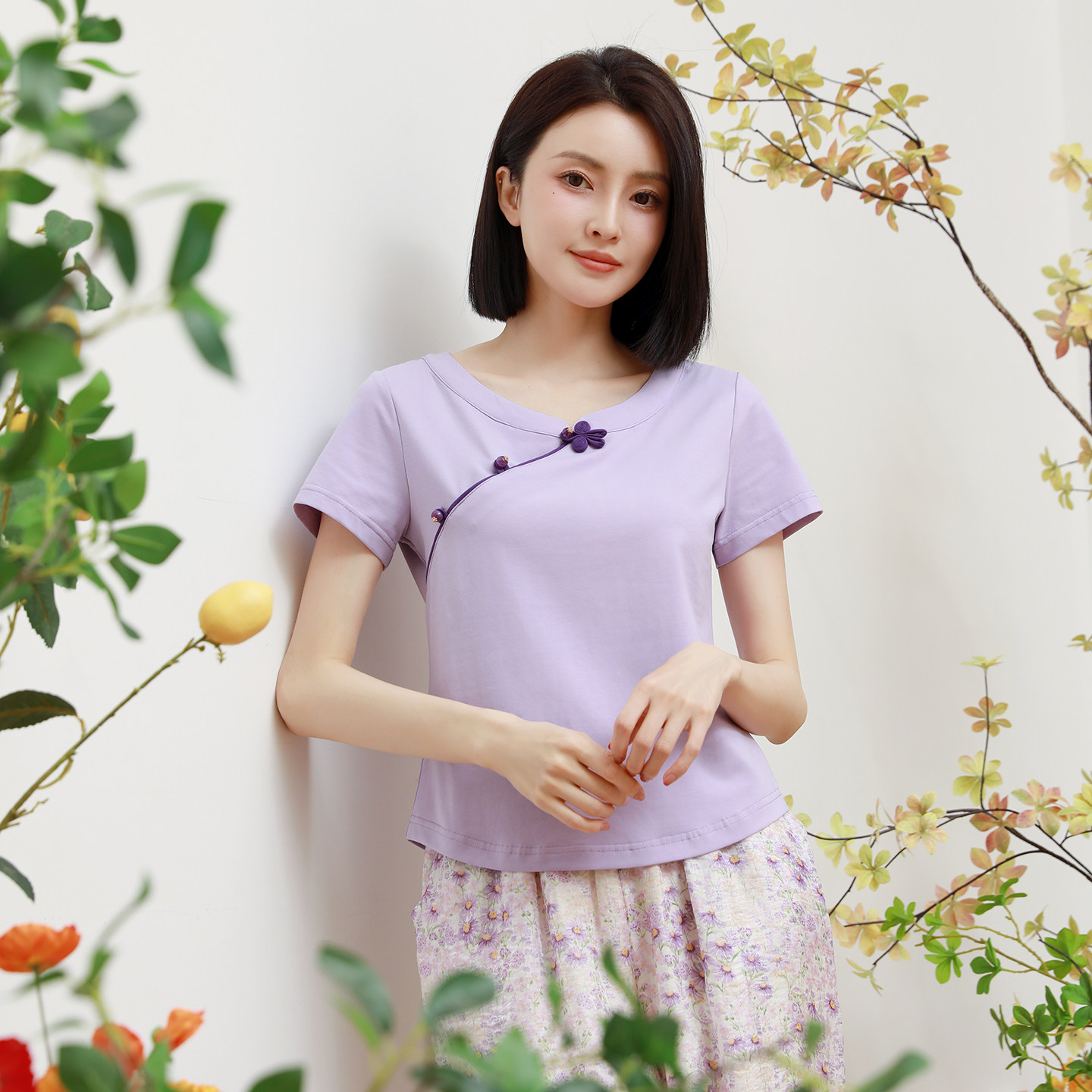短款T恤女装夏季圆领盘扣冰瓷棉打底衫新中式女茶服短袖纯棉上衣