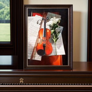 纯手绘小提琴装饰画茉莉花玄关画练琴房油画入室过道简约景物摆件