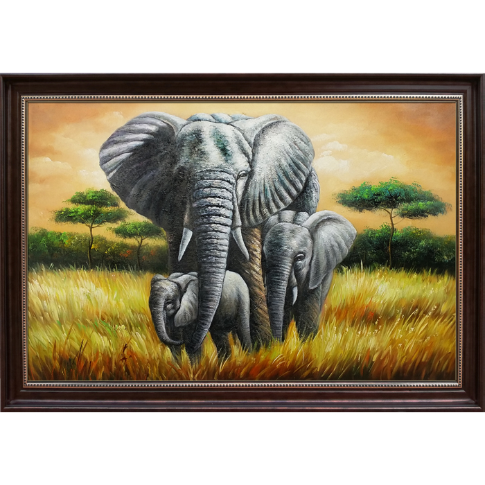手绘非洲草原三只大象装饰画 客厅餐厅走廊创意背景墙横版油画
