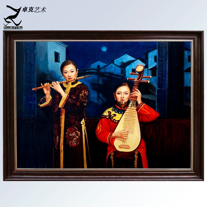 手绘东方古典两个美女演奏画江南油画新中式客厅方形有框装饰画图片