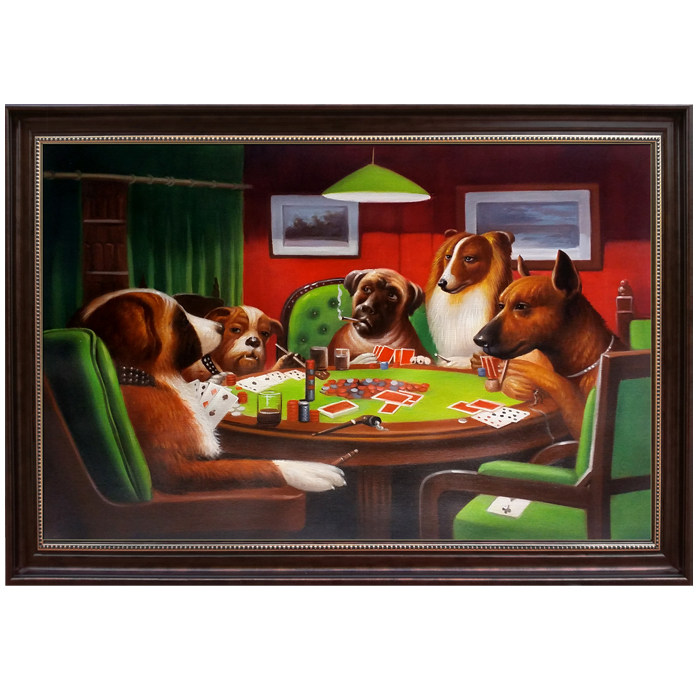 手绘五只小狗打扑克牌装饰画 现代简约客厅背景墙狗抽雪茄油画