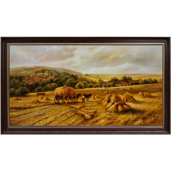 手绘金色秋天丰收油画麦田马车装饰画客厅壁画3米背景墙壁画美式