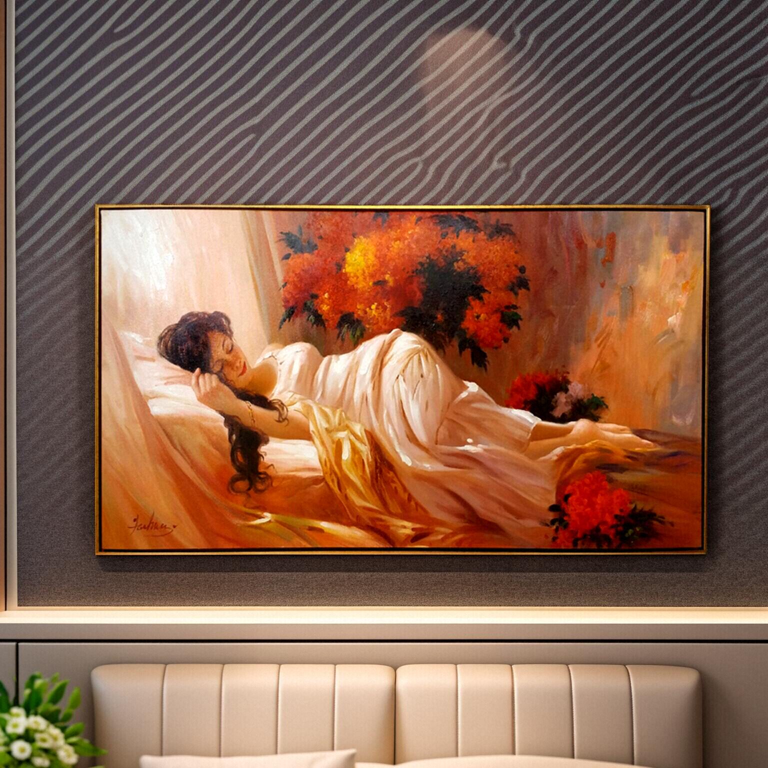手绘性感裸女睡美人装饰画现代新房挂画卧室床头背景墙横油画卓克