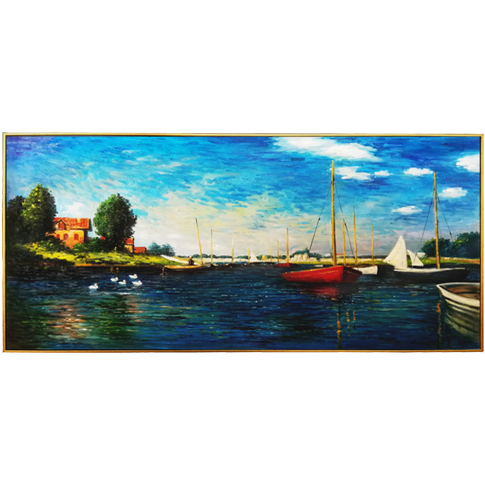 手绘莫奈船景装饰画现代简约客厅玄关餐厅书房背景墙横版油画卓克