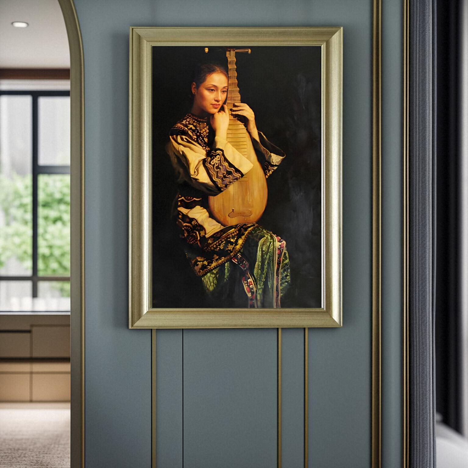 手绘电影复古装饰画陈逸飞挂画古典琵琶旗袍仕女画酒吧咖啡馆墙画图片
