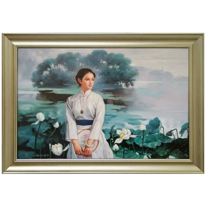 手绘潘鸿海古典美女装饰画 现代中式客厅横版香槟色外框油画新款