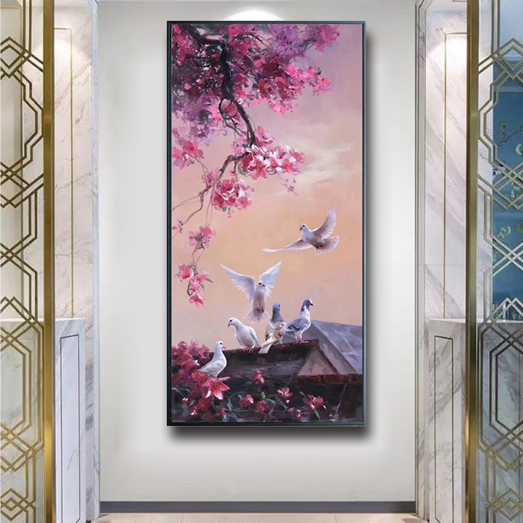 纯手绘玄关装饰画新中式壁画简装印象和平鸽油画现代有框挂画
