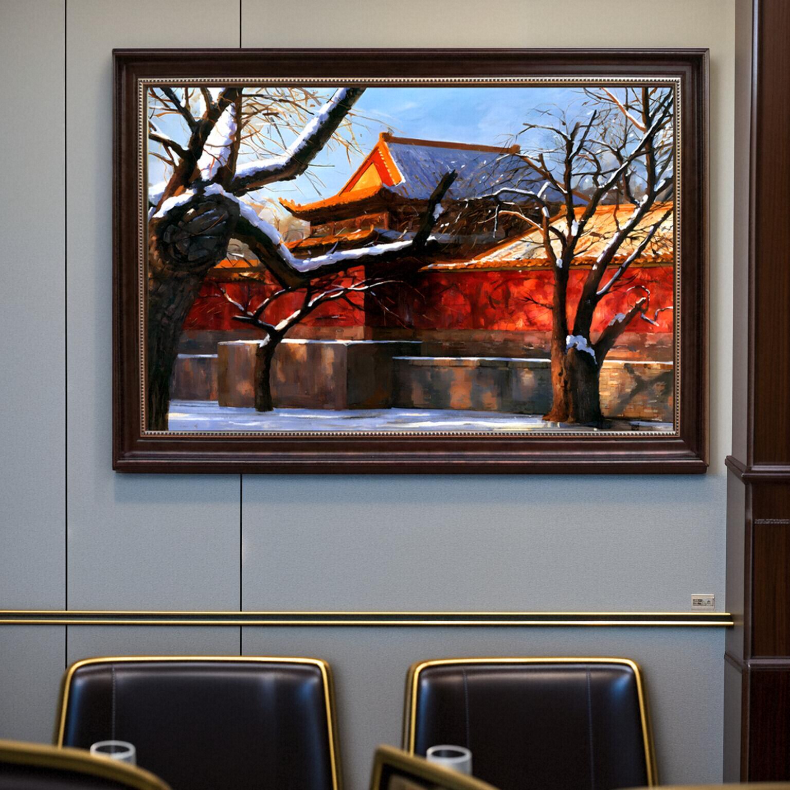 手绘油画老北京故宫雪景壁画冬天风景装饰画玄关红色围墙古树卓克图片