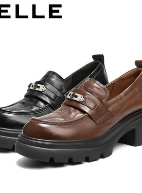 百丽女鞋2026春季新款复古厚底真皮JK乐福鞋黑色小皮鞋E9M1 E9M1D