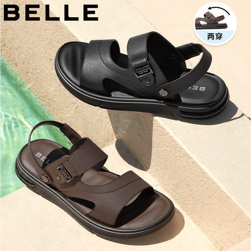 百丽男鞋户外凉拖鞋两穿夏季真牛皮休闲沙滩爸爸凉鞋男款8GE01BL4