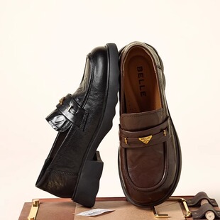 深口单鞋 百丽元 复古英伦风羊皮黑色小皮鞋 女26新款 E9L1DA 宝乐福鞋