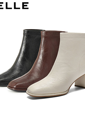 百丽女鞋复古褶皱显瘦高跟短靴子加绒冬季新款优雅时装靴E5U1DDD5