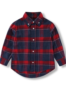 RL076男女童磨毛格子长袖衬衣儿童衬衫法兰绒小马厚款中大童