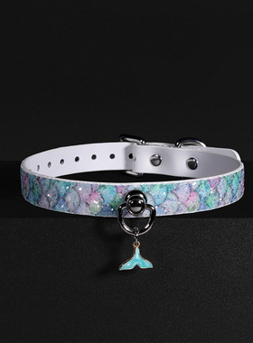 Puppy*人鱼海洋亮片项圈choker女头层牛皮男脖圈颈带饰品刻字定制