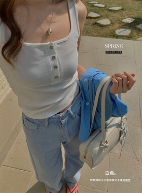 U领纽扣吊带背心夏季无胸垫宽肩遮副乳修身显瘦春秋内搭上衣C102
