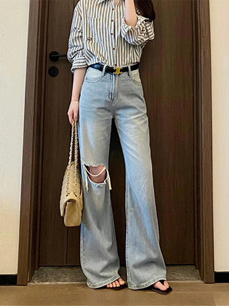 浅色洗水蓝破洞微喇牛仔裤女夏季2024新款高腰显瘦阔腿直筒拖地裤