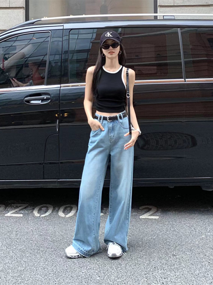 复古蓝阔腿牛仔裤女2024夏季新款高腰宽松显瘦显高垂感拖地直筒裤