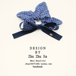 ZHUZHUJIA蓝色格纹蝴蝶结方巾方形大肠发圈女气质低马尾发绳头饰