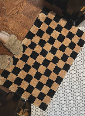 LIVINGBANK美式复古棋盘格家用脚垫北欧INS吸水绒卫生间防滑地垫