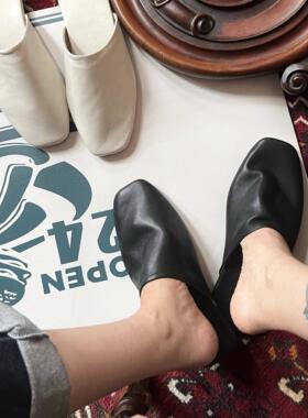 LIVINGBANK手工复古感小羊皮拖可外穿情侣拖鞋家居防滑静音包头鞋