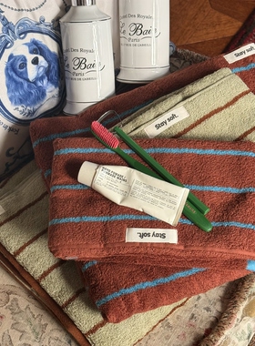 livingbank小韩ins情侣毛巾100%纯棉条纹时髦浴巾复古撞色吸水巾