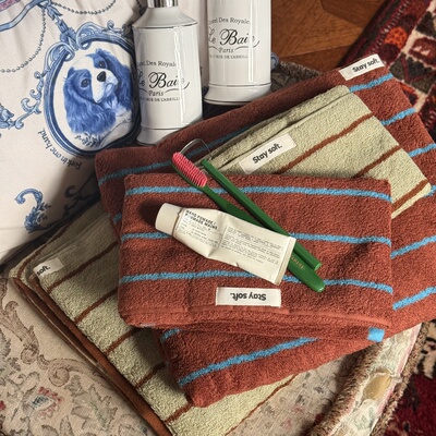 livingbank小韩ins情侣毛巾100%纯棉条纹时髦浴巾复古撞色吸水巾