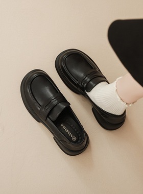 单鞋女2025年春夏季英伦风小皮鞋休闲乐福鞋百搭黑色一脚蹬豆豆鞋