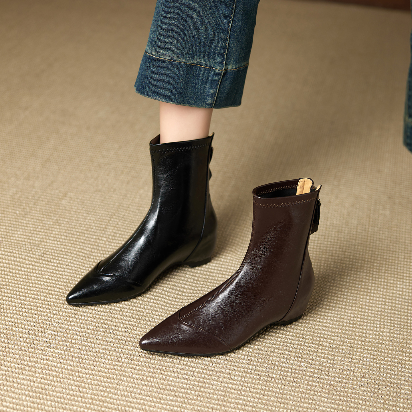 内增高短靴百搭真皮尖头瘦瘦靴女