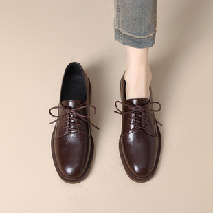 英伦系带深口单鞋 巨巨舒服 新款 女春季 真皮复古轻便粗跟乐福鞋