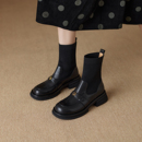 圆头山茶花真皮马丁靴女秋冬新款 厚底短靴针织弹力袜靴粗跟瘦瘦靴