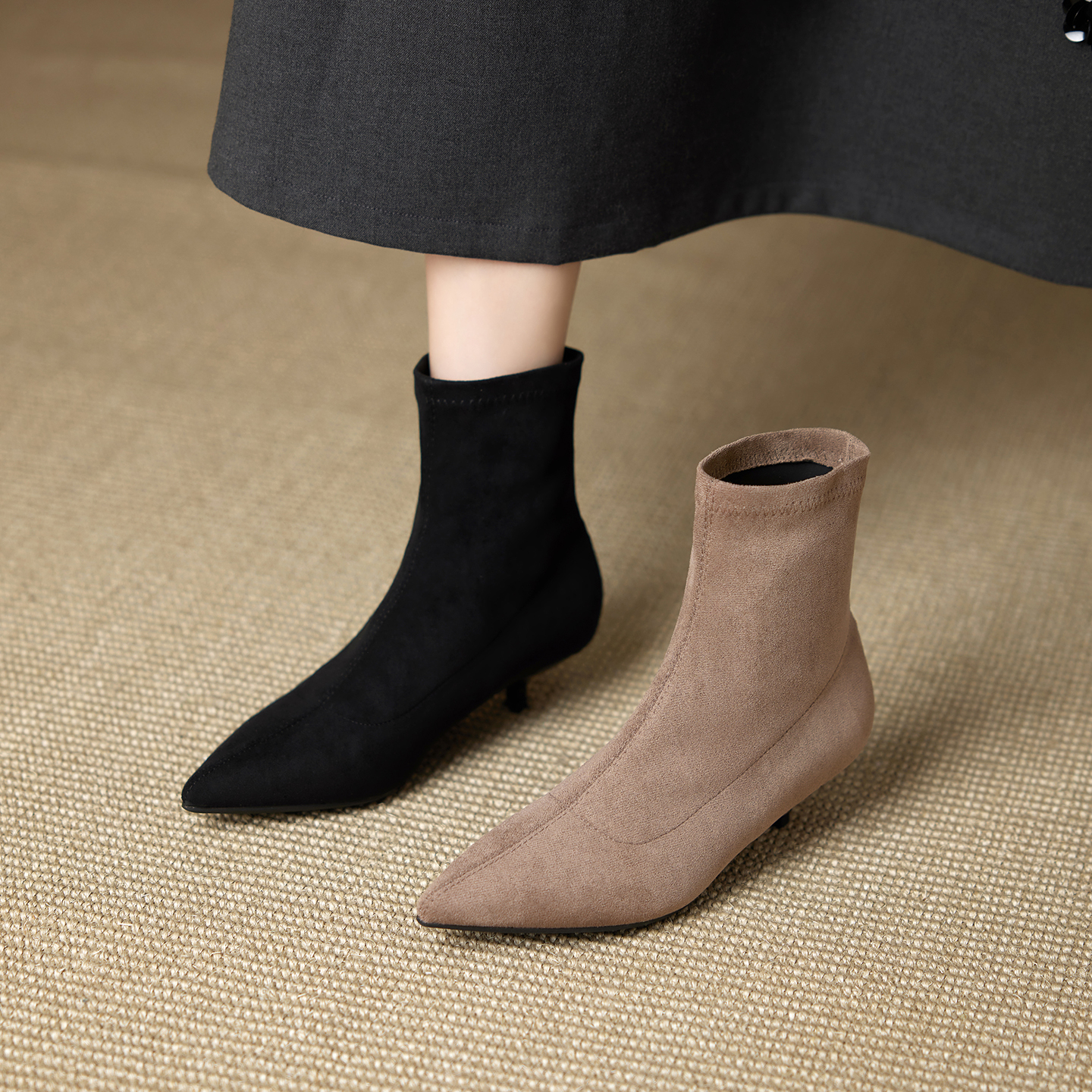法式气质尖头细跟弹力猫跟短靴女