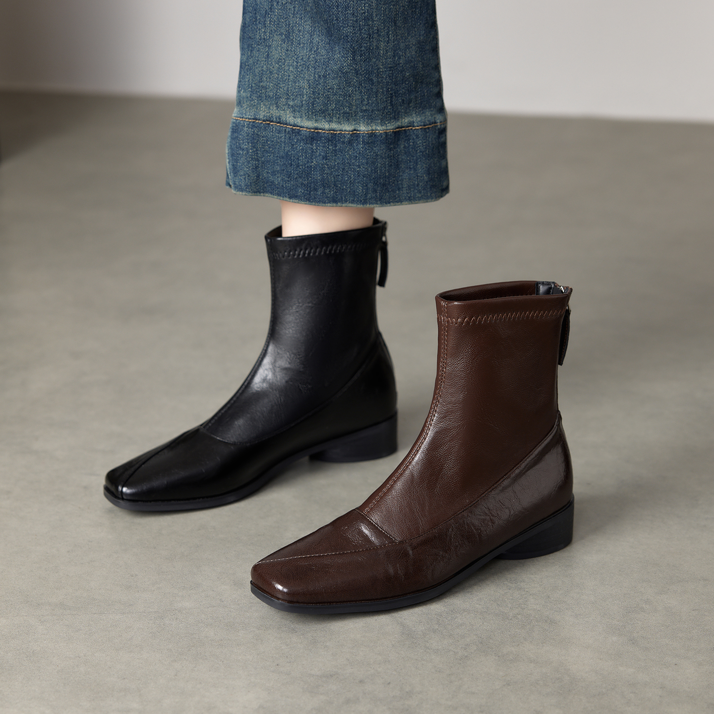 真皮方头百搭后拉链复古瘦瘦靴女