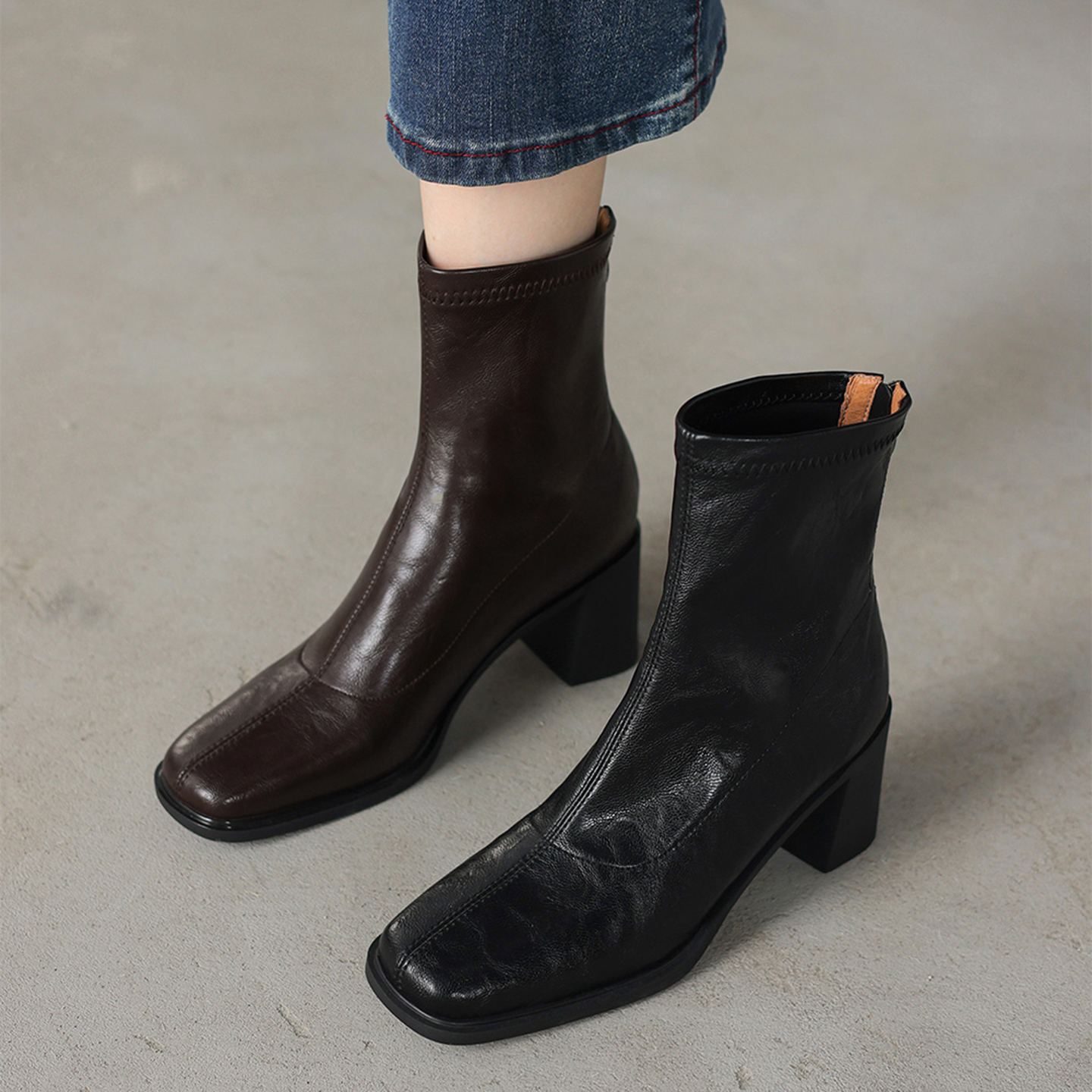 静音底方头后拉链百搭粗跟短靴女