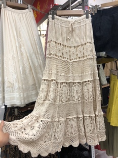 波西米亚民族风杏色镂空钩花蕾丝半身裙气质沙滩裙高腰系带长裙女