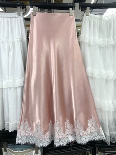 洋气蕾丝拼接缎面半身裙2025春季新款垂感仿醋酸鱼尾A字中长裙女