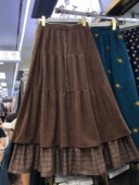 系带A字假两件咖色拼接灯芯绒格子半身裙女2025冬季 新款 小众长裙