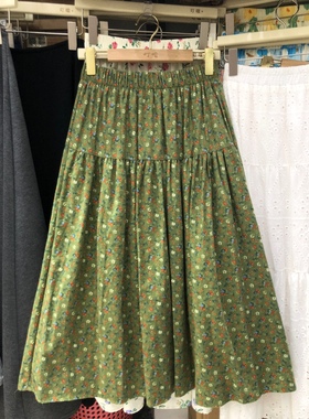法式复古绿色碎花半身裙小清新文艺高腰磨毛长裙森系A字休闲裙子