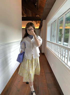 油画感韩系大裙摆花卉碎花蓬蓬伞裙a字裙女夏高腰中长款半身裙子