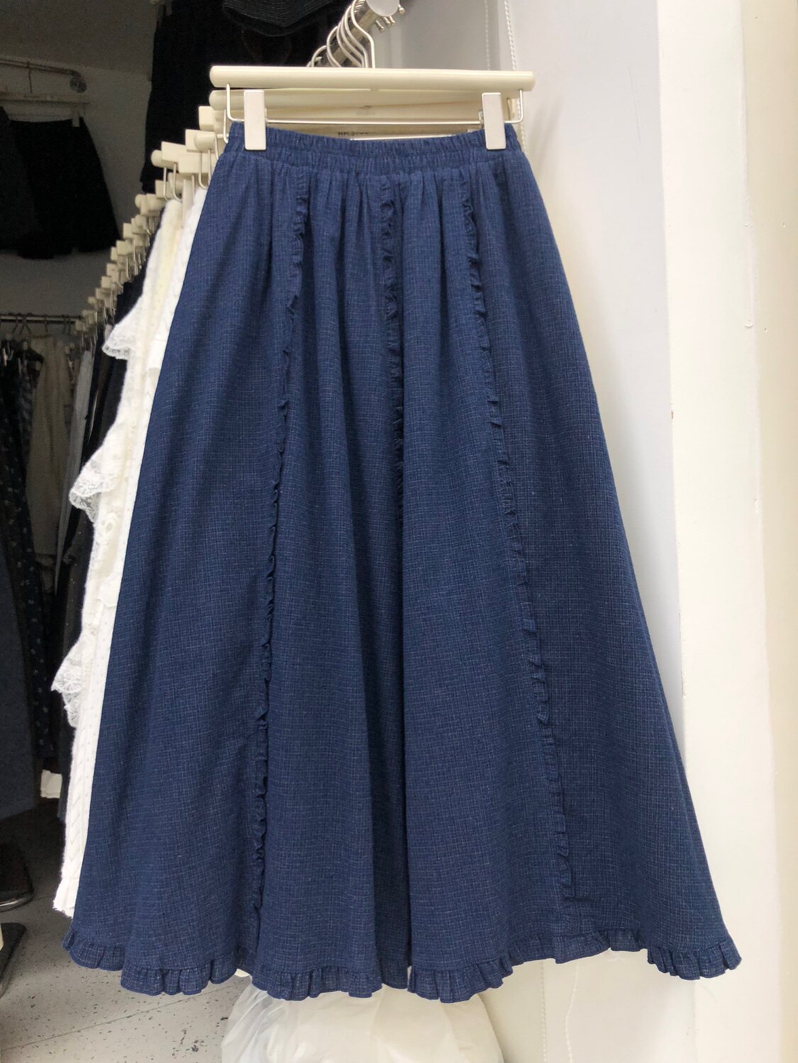 森系甜美花边A字裙格子中长裙