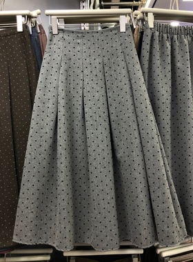 灰色爱心波点印花百褶半身裙女025秋季新款显瘦中长款高腰a字伞裙