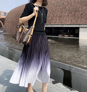 重工渐变色百褶半身裙女夏季 气质a型中长垂感风琴褶大摆伞裙 时尚