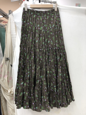 板栗红小碎花百褶褶皱长裙子