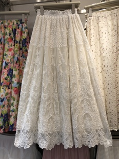 2026春季韩版ins松紧腰大摆钩花蕾丝半身裙女温柔 重工刺绣长裙仙