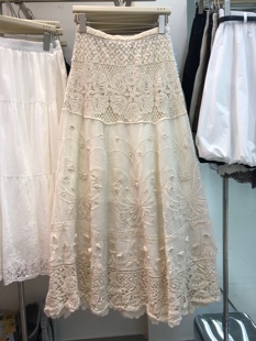 重工提花蕾丝半身裙波西米亚度假沙滩风杏色钩花镂空大摆裙长裙子