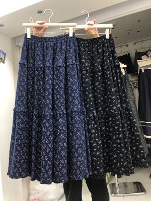 复古磨毛加厚藏青碎花半身裙A字