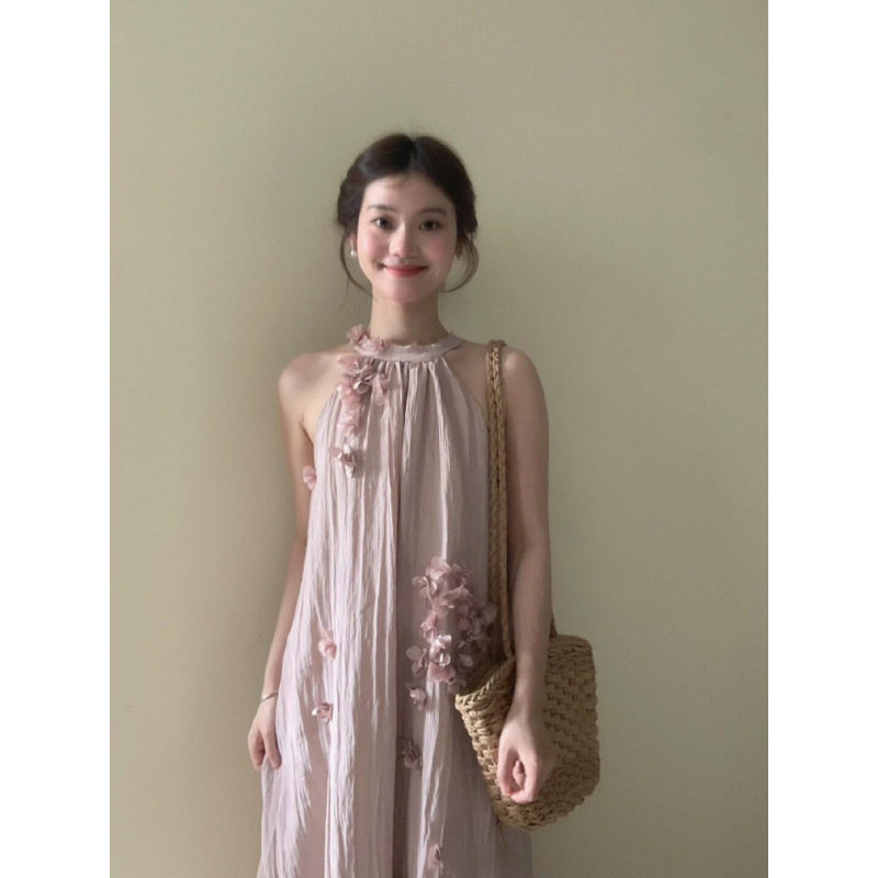 法式花朵露肩挂脖连衣裙女夏季仙女温柔甜美裙子海边度假粉色长裙