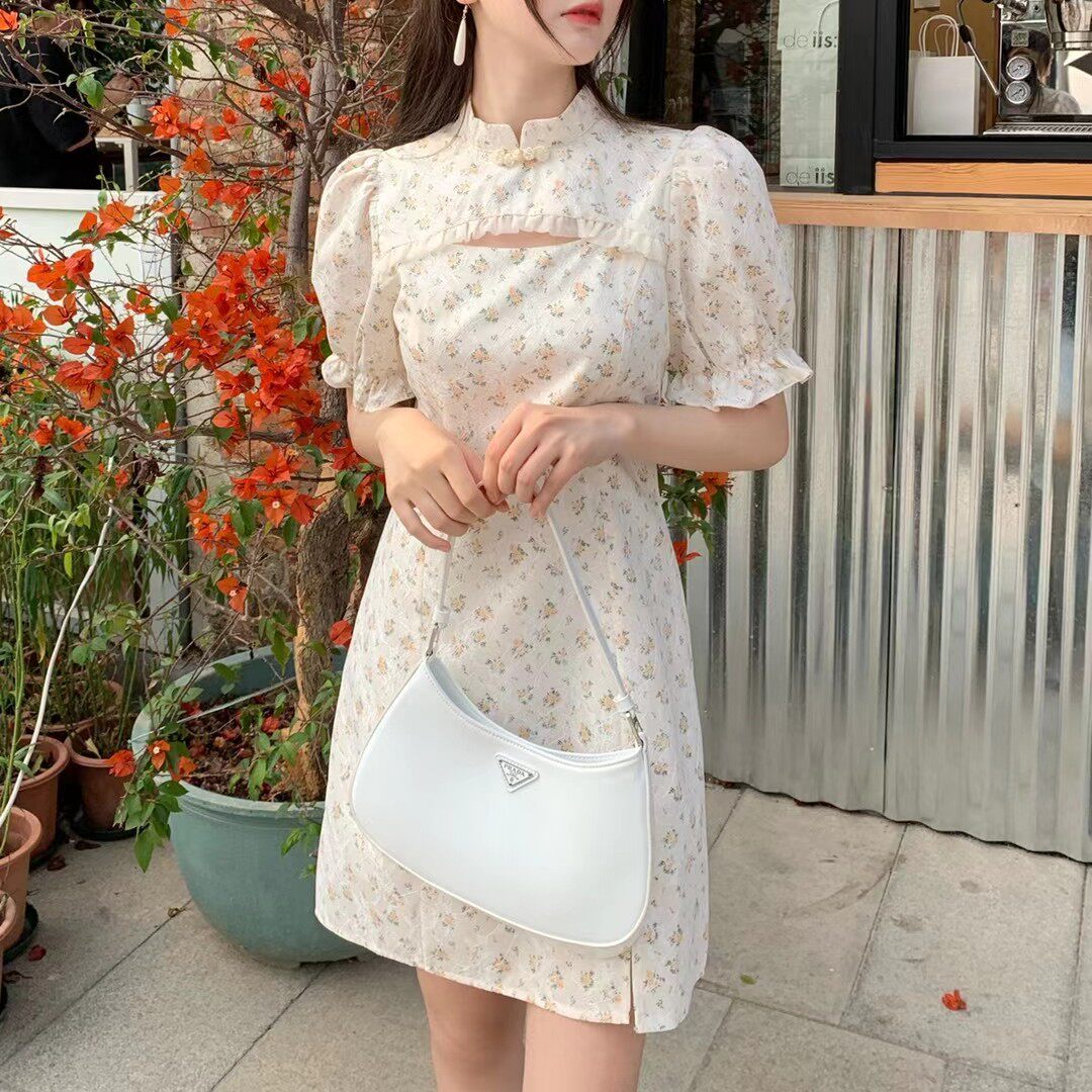 夏季甜美青春立领泡泡短袖碎花旗袍式连衣裙